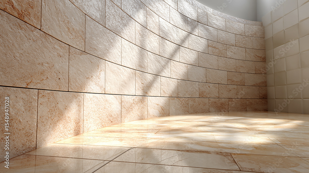 Poster sunlight casting dynamic shadows on textured beige wall and warm tiled floor creating inviting and p
