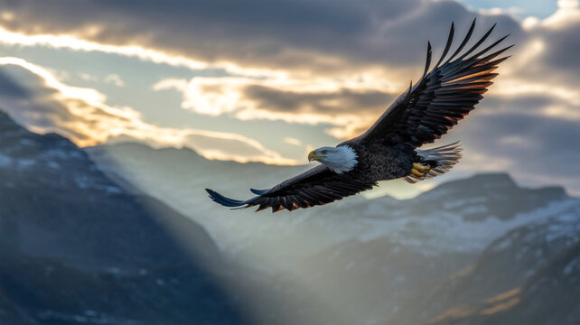 A bald eagle soars majestically above snow capped mountains at sunset