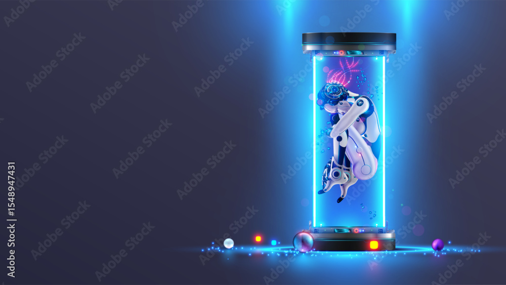 Aufkleber AI neural network. A female robot with artificial intelligence in a capsule in the fetal position is connected to the network by wires. AI cyborg learning in cyberspace hibernation. Sci-fi ai cyborg.