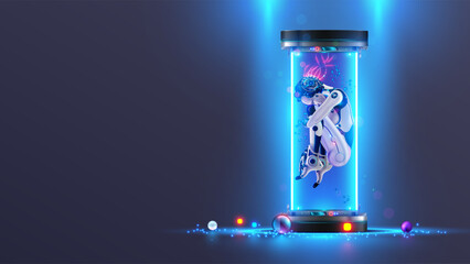 AI neural network. A female robot with artificial intelligence in a capsule in the fetal position is connected to the network by wires. AI cyborg learning in cyberspace hibernation. Sci-fi ai cyborg.