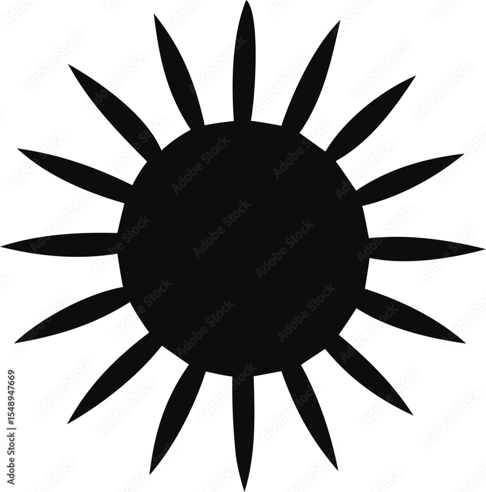 Poster stylized black sun with sharp rays on white background representing energy power and modern design s