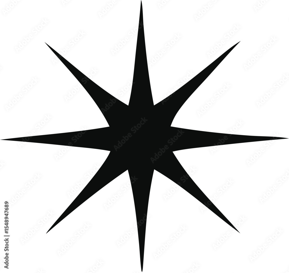Poster eight pointed starburst shape in black on a white background resembling a geometric star or a sharp 