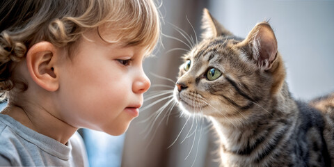 girl with cat. A child plays with a cat. the first acquaintance with a pet