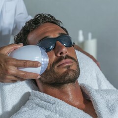Young man receiving a facial light therapy session using a dome-shaped LED device, wearing dark safety glasses, relaxed expression, modern clinic background with white walls and soft towels