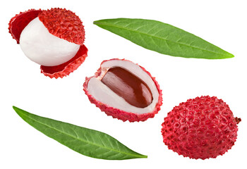 Fresh lychee with leaves isolated on white background. clipping path