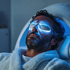 Young man receiving a facial light therapy session using a dome-shaped LED device, wearing dark safety glasses, relaxed expression, modern clinic background with white walls and soft towels