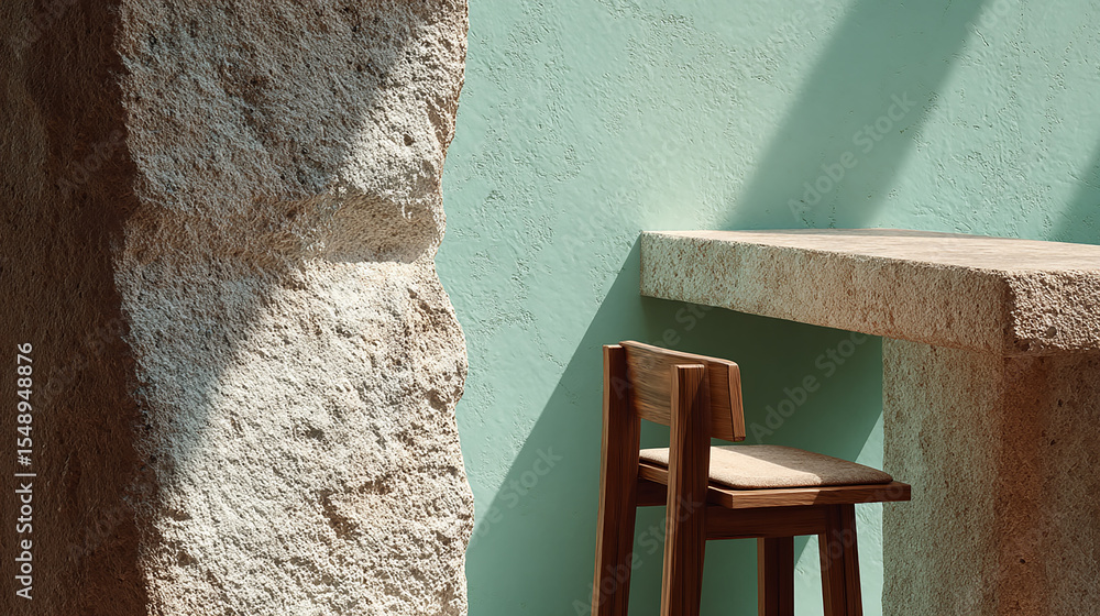 Poster sunlight streaming through window casting soft rays on textured green wall and worn floor creating p