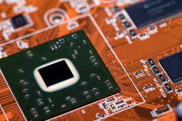 Abstract, Close up at electronic circuits, we see the technology of the mainboard, which is the...