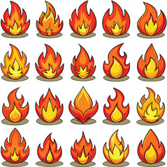 Collection of Cartoon Flames with Varying Shapes and Intensities Set Against a Clean White Background Perfect for Graphic Design and Illustration Projects Requiring Fire Elements