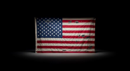 A Worn and Torn American Flag in the Dark: A Symbol of Sacrifice and Resilience