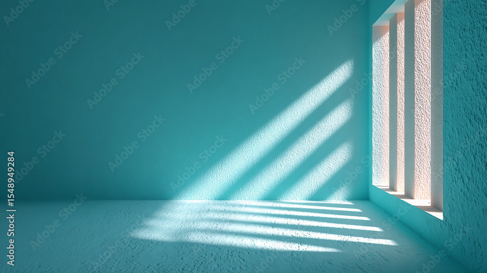 Aufkleber soft natural light casting striped shadows on textured turquoise walls and floor creating calm and s