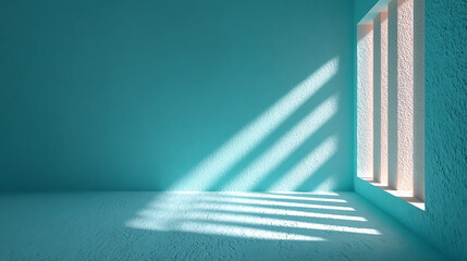 Obraz premium Soft natural light casting striped shadows on textured turquoise walls and floor creating calm and serene minimalist interior space