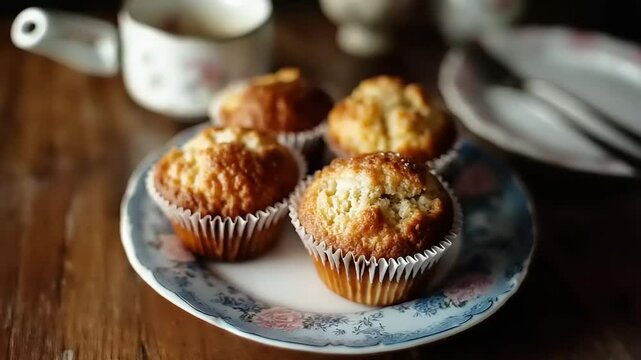 Freshly baked muffins on a vintage plate, with a cozy kitchen setting in the background