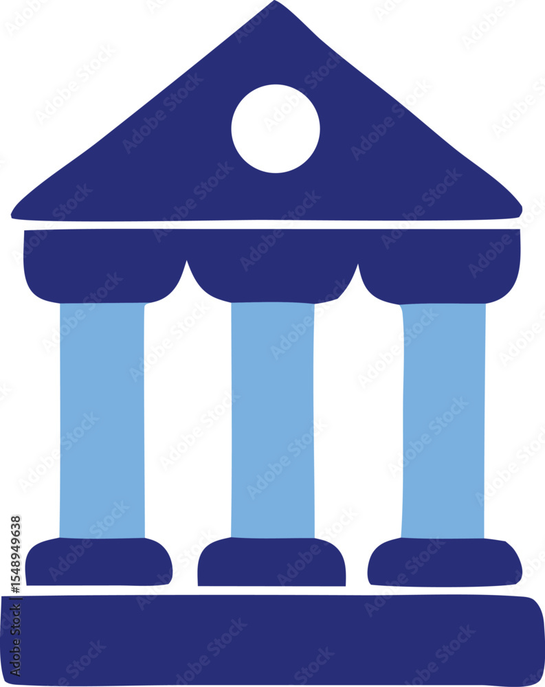 Poster stylized blue and light blue icon of a classical building with three columns and a pediment featurin