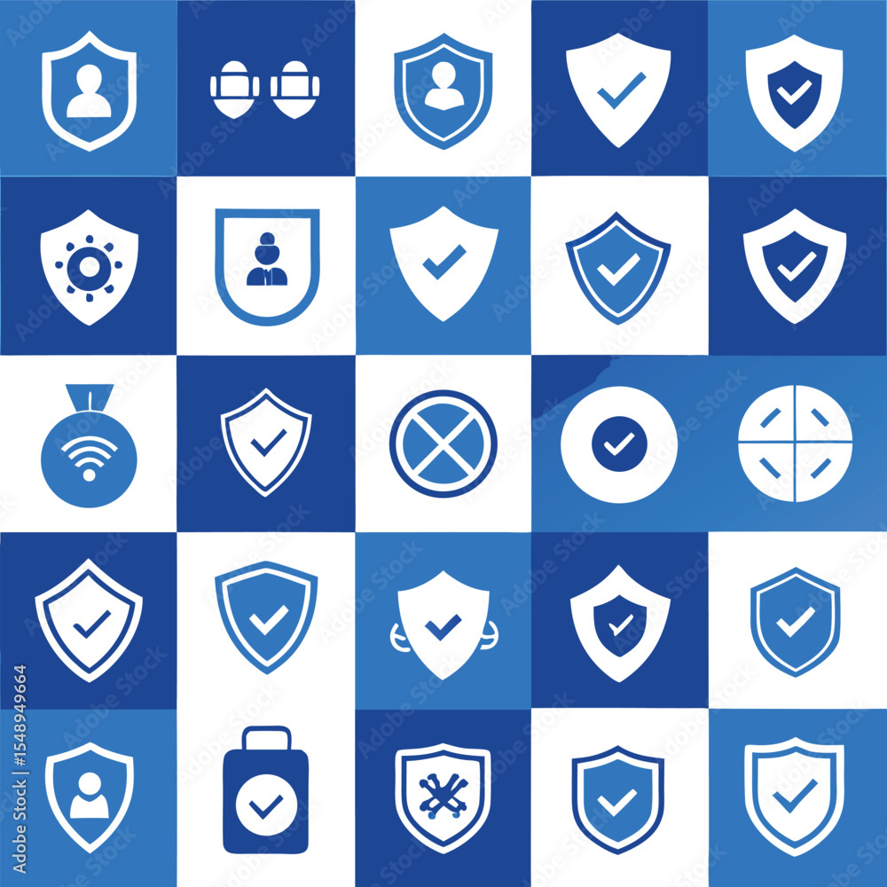 Poster blue and white grid pattern featuring security and protection icons including shields checkmarks and
