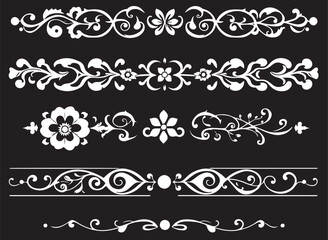 A set of decorative patterned borders, lines, and stripes. Hand drawn vector illustration	