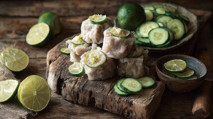 Rustic-style serving of Indonesian Siomay with cucumber slices and lime on the side