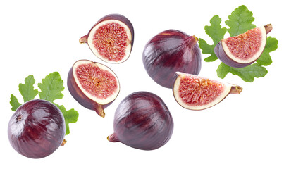 Fig fruit with green leaves isolated on white background. clipping path