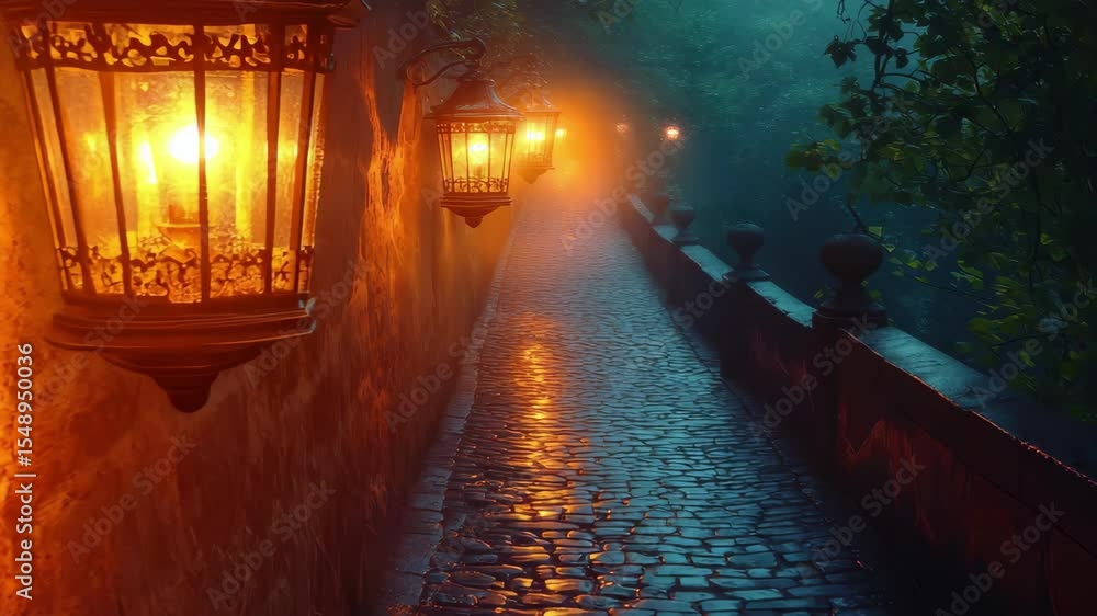 Poster cobblestone path illuminated by vintage lanterns in a foggy forest during twilight hours