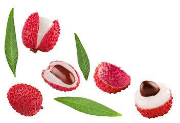 Fresh lychee with leaves isolated on white background. clipping path