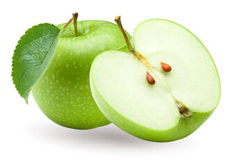 green apples with green leaves isolated on white background. clipping path