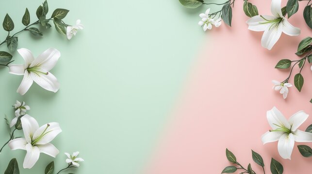 Elegant floral frame featuring white lilies and delicate blossoms on a soft mint green and pastel pink background, perfect for spring themes.