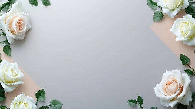 Elegant floral frame featuring white roses and soft peach accents on a light gray background, perfect for invitations or announcements.