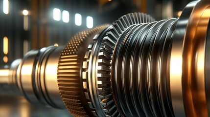 Obraz premium The intricate interior of a heavy-duty industrial gas turbine, highlighting its compressor stages, combustion chamber, and turbine blades, illustrating the core components of thermomechanical