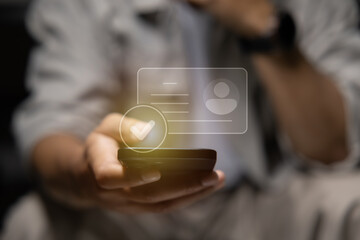 	
human hand holding digital identification card, with Checkmark Icons for Identity verification,...