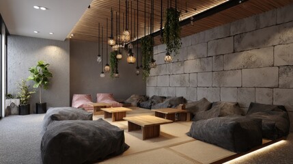 Soft ambient lighting in a Japanese-style lounge with tatami mat and no high chairs