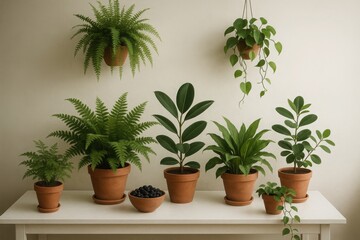 Fototapeta premium Lush houseplants displayed in clay pots on wooden table in bright interior