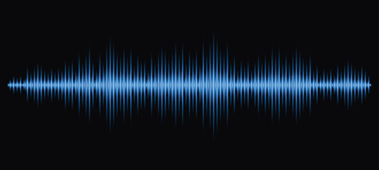 Abstract illustration of a vibrant blue glowing soundwave on a dark background. Dynamic visual for audio, music, technology or communication concepts. Reflecting frequency volume or sound analysis.