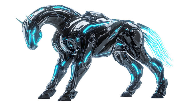 Mythological concept: Sleipnir (Odin's eight-legged horse) reimagined in a sleek, futuristic biomechanical style with glowing blue energy lines, isolated on Transparent background
