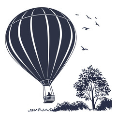 Obraz premium Silhouetted Hot Air Balloon with Passenger Ascending Over Landscape with Birds