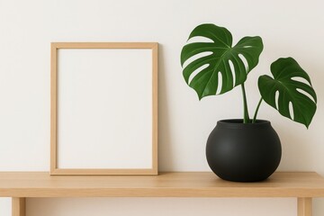 Wooden shelf with frame and greenery styled on minimal beige background surface