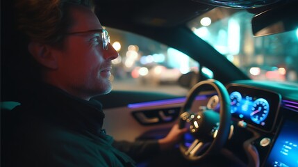 Man Driving Car at Night in City