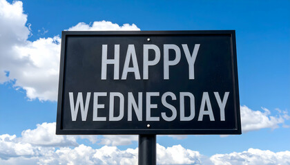 Wednesday Sign White Letters Against Blue Cloudy Sky. Happy Wednesday.