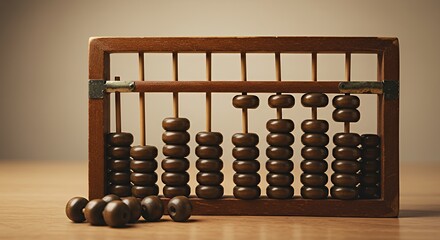 Antique Wooden Abacus with Scattered Beads on Wooden Surface