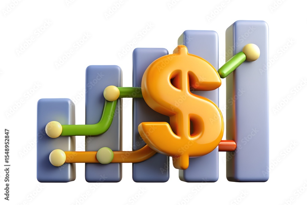 Poster 3d render of dollar sign with ascending bar graph