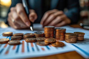 Business Finance Expert Works Amid Coins and Paperwork Chaos