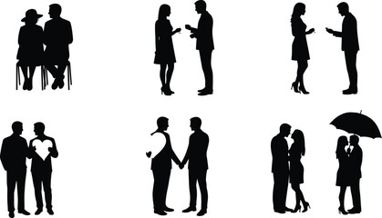 Romantic couple silhouettes, love expressions, dating emotions, heartbreak moments, relationship stages, man and woman interaction, kissing, arguing, h