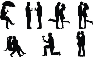 Romantic couple silhouette, love proposal, same-sex romance, kissing pose, date night scene, LGBT relationship moment, passionate embrace, romantic expression, couple vector illustration,