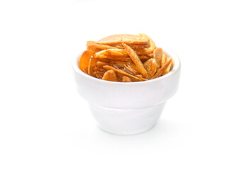 Allium Sativum, fried garlic, thinly sliced golden yellow frame For decorating food menus and...
