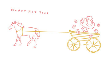 正月素材：馬が小槌と小判を馬車でひくシンプルでおしゃれな年賀状素材（午年）