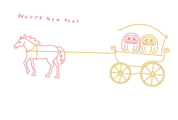 正月素材：馬が達磨を馬車でひくシンプルでおしゃれな年賀状素材（午年）