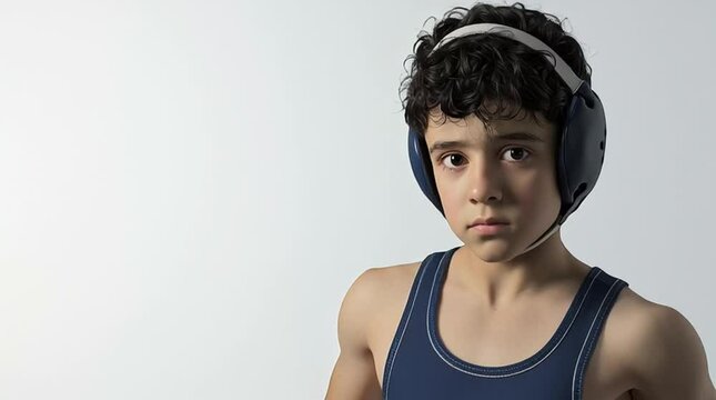 Young Boy Wrestler in Blue Singlet &ndash; Studio Portrait with Headgear and Focused Expression