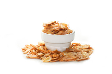 Allium Sativum, fried garlic, thinly sliced golden yellow frame For decorating food menus and...