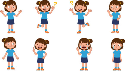 Cartoon girl character with emotions, different expressions, cute female child, vector illustration set, emotional kid poses, educational, animation, children learning content, character design