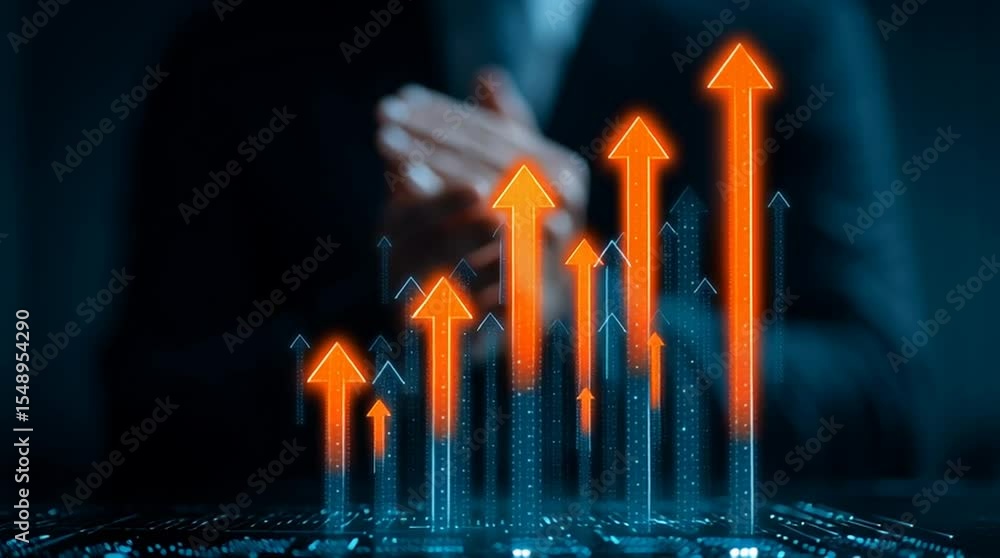 Aufkleber business growth: a close-up captures a person's hands against a backdrop of illuminated arrows soari