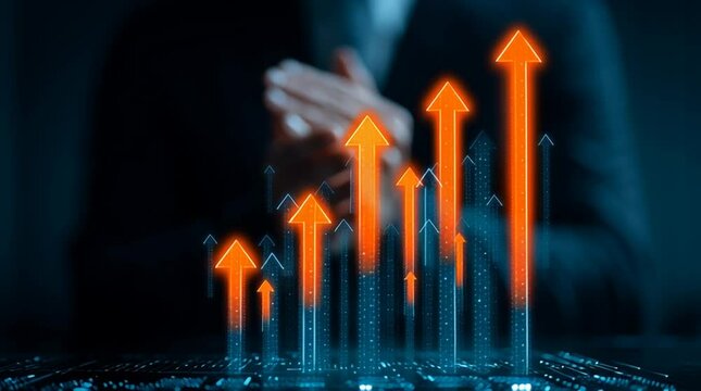 Business Growth: A close-up captures a person's hands against a backdrop of illuminated arrows soaring upwards, representing progress and expansion in a dynamic business environment.
